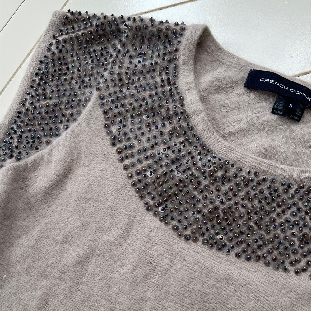 French Connection Light Gray Sequin and Beaded Angora sleeveless sweater